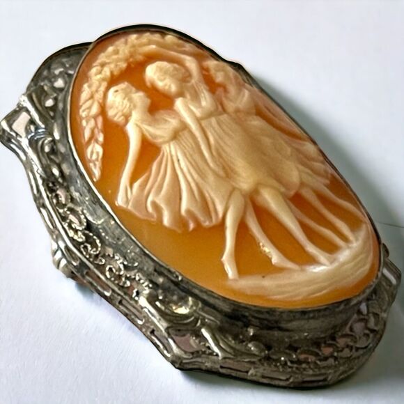 Vintage Silver Three Graces Shell Cameo Filigree Pin Pendant 3 Muses Brooch - Picture 2 of 6